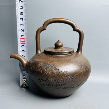 Vintage Chinese Yixing Purple Clay Teapot Zisha Ceramic Carving Horse Teaware