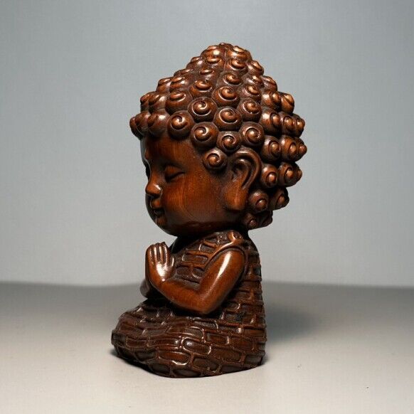 Vintage Chinese Boxwood Carved Baby Buddha Statue Ornament Wooden Figurine Gift