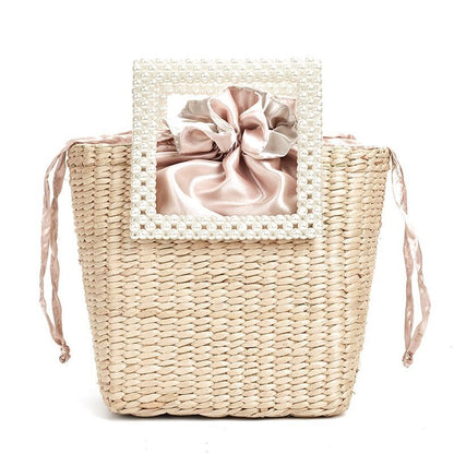 Pearl Straw Bag Fashionable Shoulder Bag Seaside Vacation Handbag Polyester 1 PC