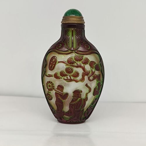 vintage chinese peking glass snuff bottle carved cute cowboy graze cattle story