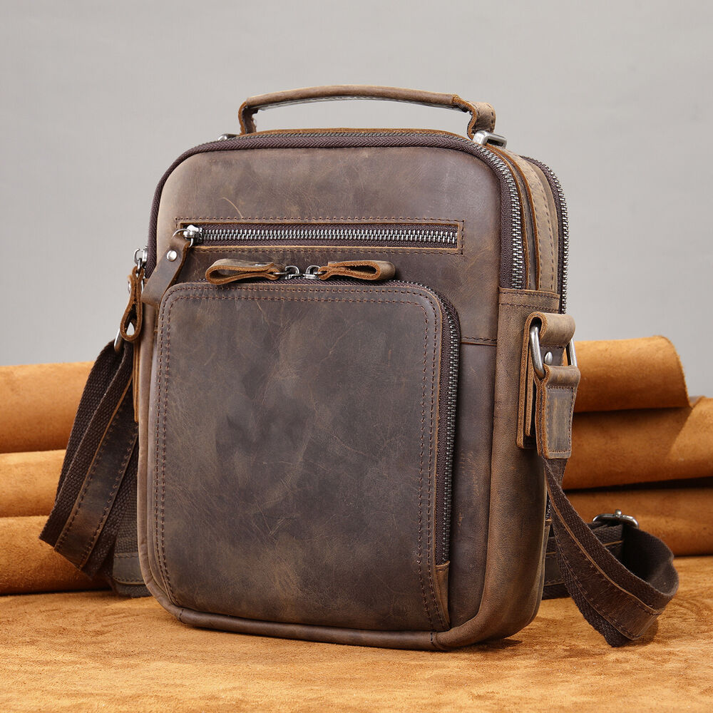 Crazy Horse Leather Men's Shoulder Bag 8inch Handbag Multifunction Crossbody Bag