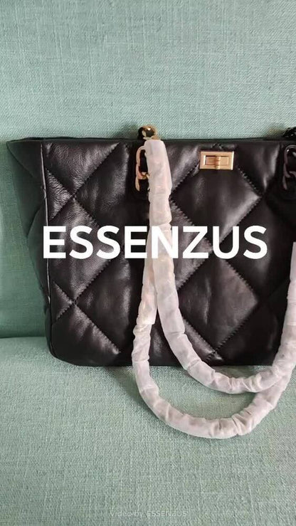 Quilted Lambskin Leather Black Tote w/ Chains Shoulder Bag Purse Handbag Fashion