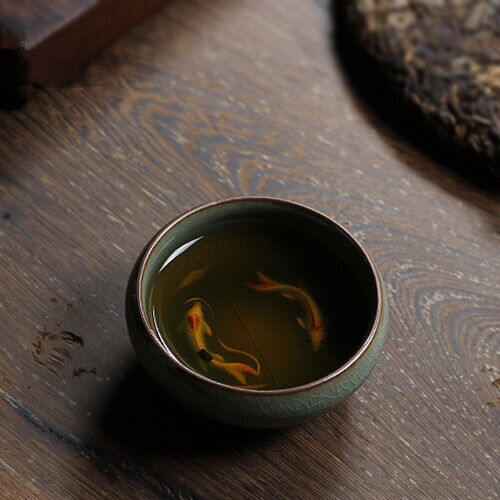 longquan porcelain tea cup crackle glaze brother kiln serving cup double fish