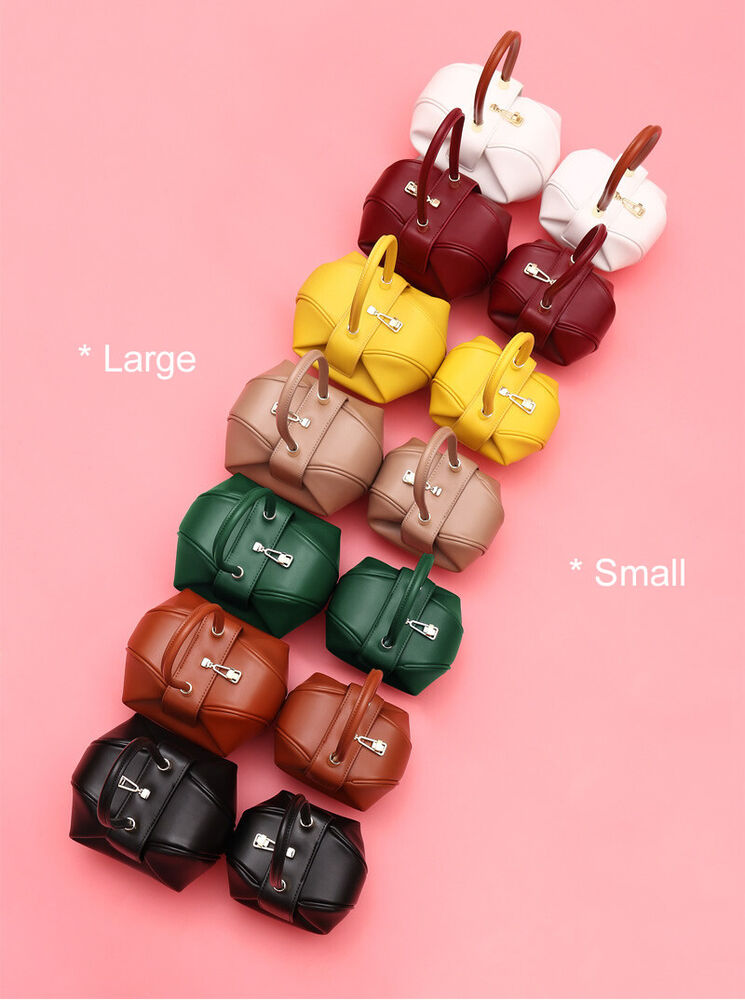 Real Leather Wonton Round Pouch Clutch Purse Top Handle Tote Handbag Grab Bag