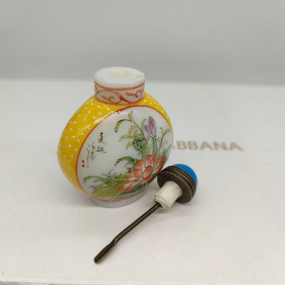 vintage chinese peking glass snuff bottle painted bird flower signed Liuli gift