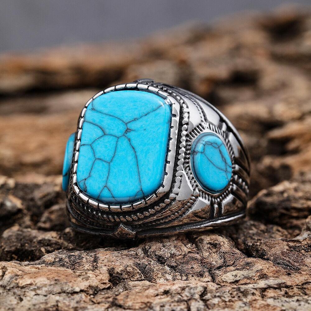 Mens Jewelry 316l Stainless Steel Oval Blue Turquoise Men Ring Stone Size 7-13
