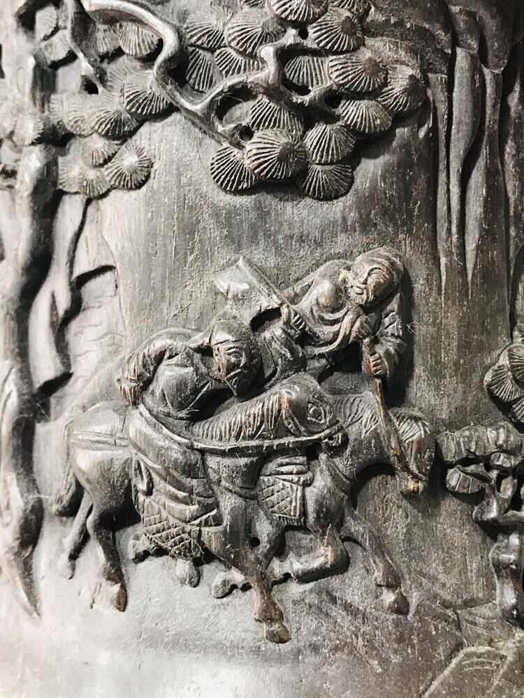 chinese carved brush pot men statue antique wood carving Figure-story wooden art