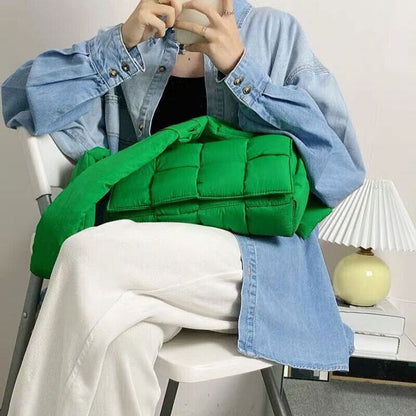 Women's Sponge Woven Messenger Bag Lady's Space Pad Feather Down Crossbody Bag