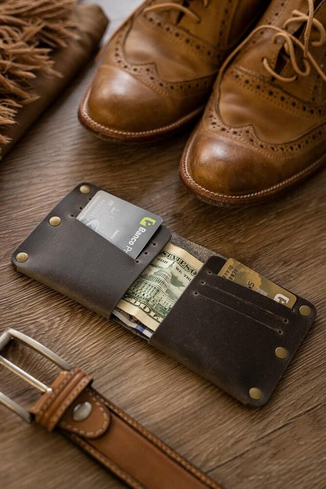 Handmade Full Grain Leather Slim Bifold Wallet Six Card Slots Minimalist Gift