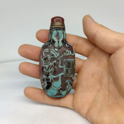 vintage carved glass snuff bottle snuffbox rare glaze Figure-story antique child