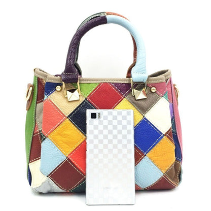 Designer Cow Leather Colorful random Patchwork Handbag Women's Tote Shoulder Bag