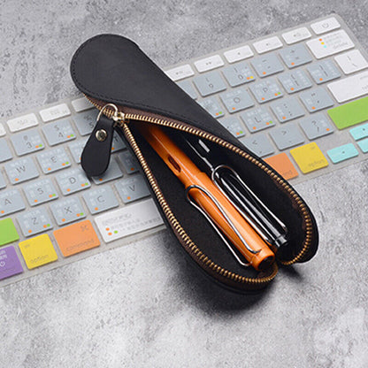 Handmade Cowhide Leather Vintage Zipper Pencil Case S-Shape Pen Bag