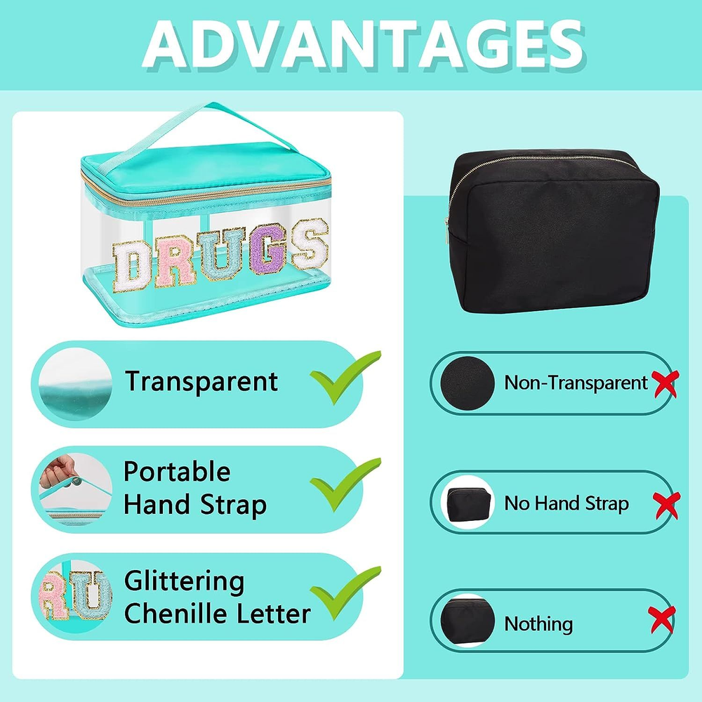 Chenille Letter Patches Clear Makeup Bag Meds Purse Pouch, Select Color