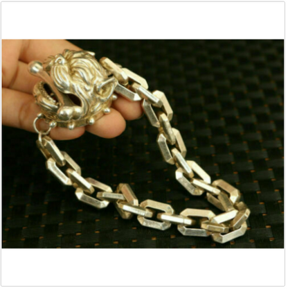 chinese miao silver hand carved dog head statue bracelet decorate Jewellery gift