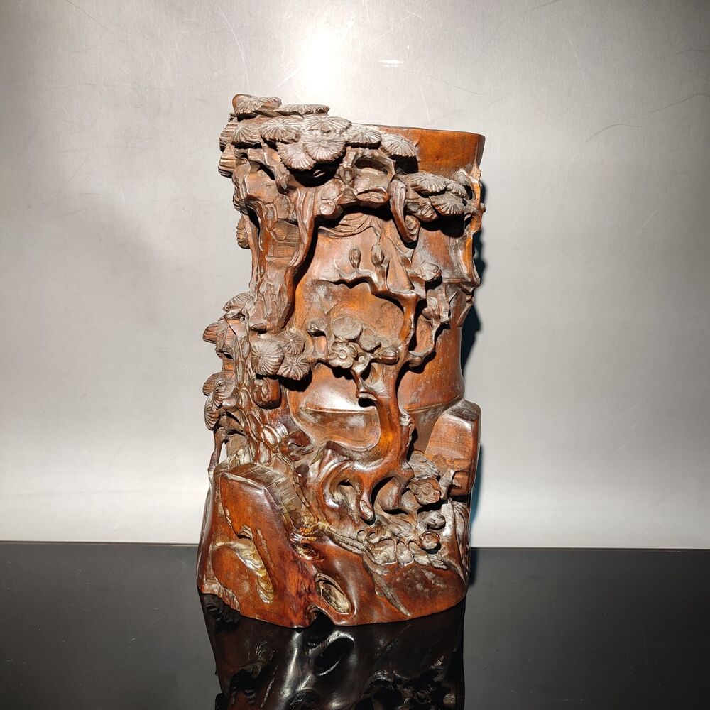 Pine bamboo statue desk study room chinese wood brush pot wooden decor carving