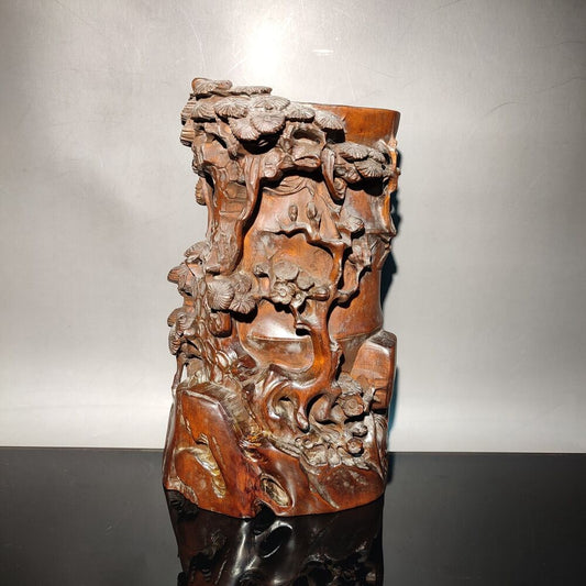 Pine bamboo statue desk study room chinese wood brush pot wooden decor carving