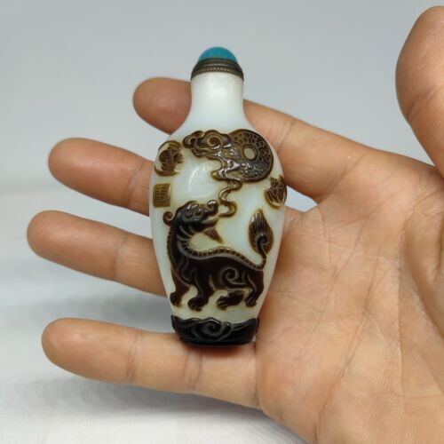 chinese carved kylin qilin statue peking glass snuff bottle Carving glazed rare