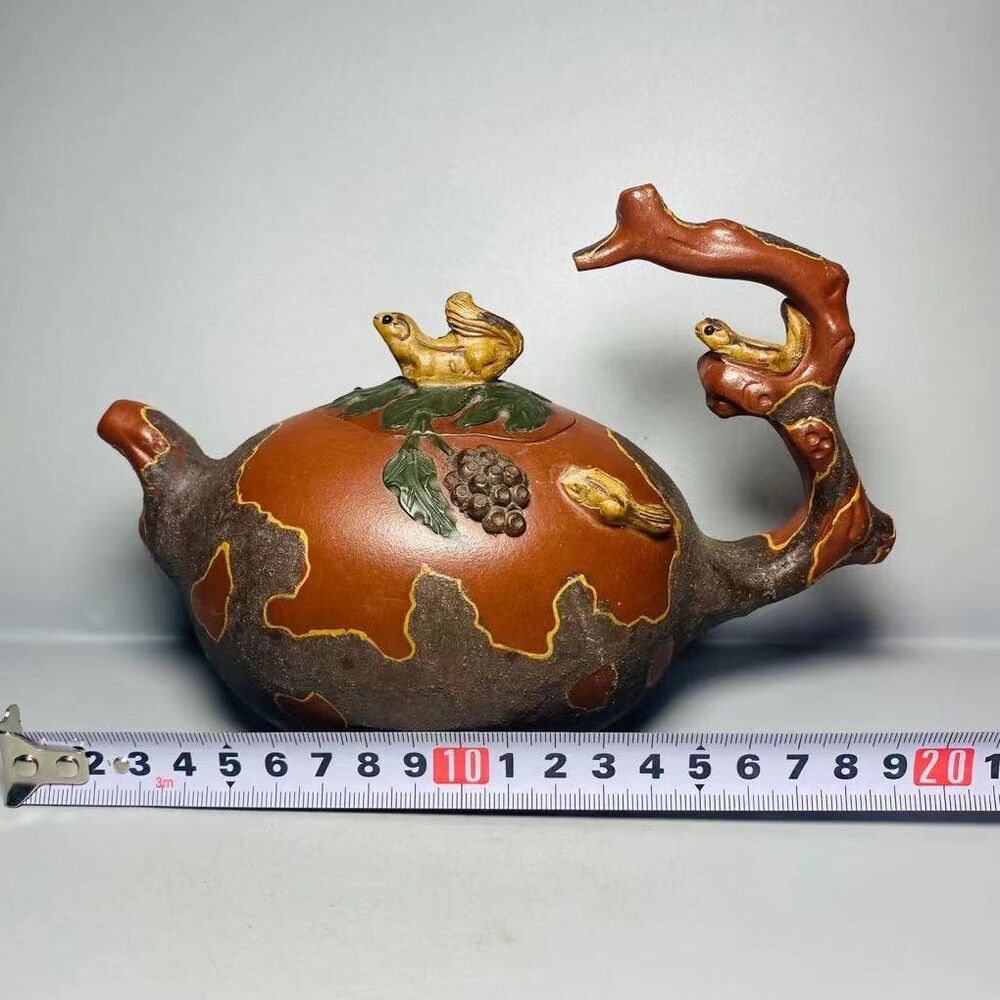 Vintage Chinese Yixing Purple Clay Teapot Zisha Ceramic Carving Squirrel Tea Set