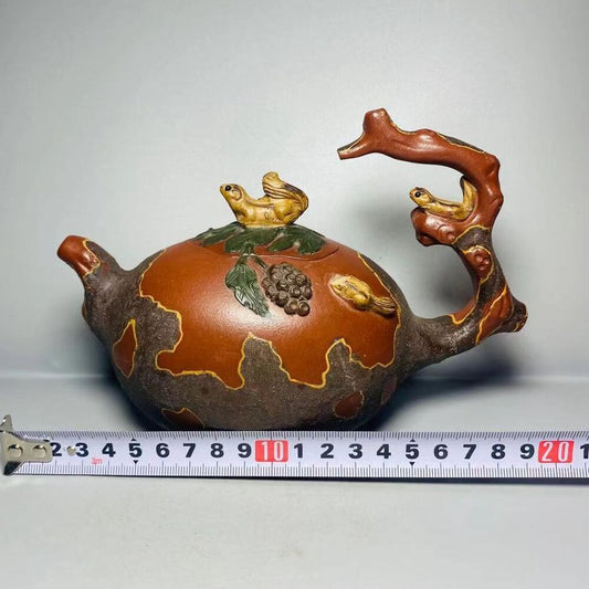 Vintage Chinese Yixing Purple Clay Teapot Zisha Ceramic Carving Squirrel Tea Set