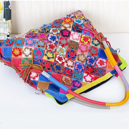 100% Genuine Leather Colorful Floral Patchwork Handbag Women's Tote Shoulder Bag