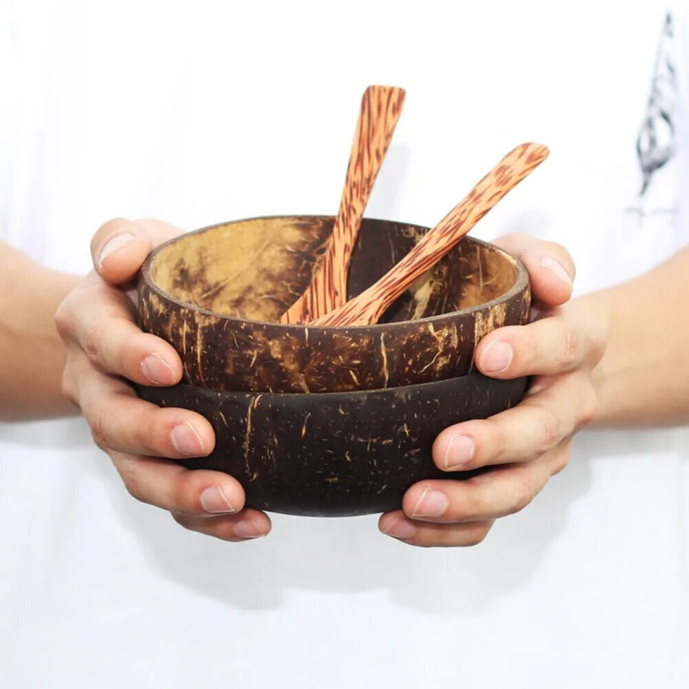 Wooden Bowls 1-5Pcs Natural Coconut Shell Salad Snacks Serveware Tableware Spoon