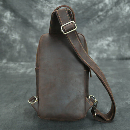 Men's Sling Backpack Crazy Horse Leather Large Capacity Chest Bag Crossbody Bag