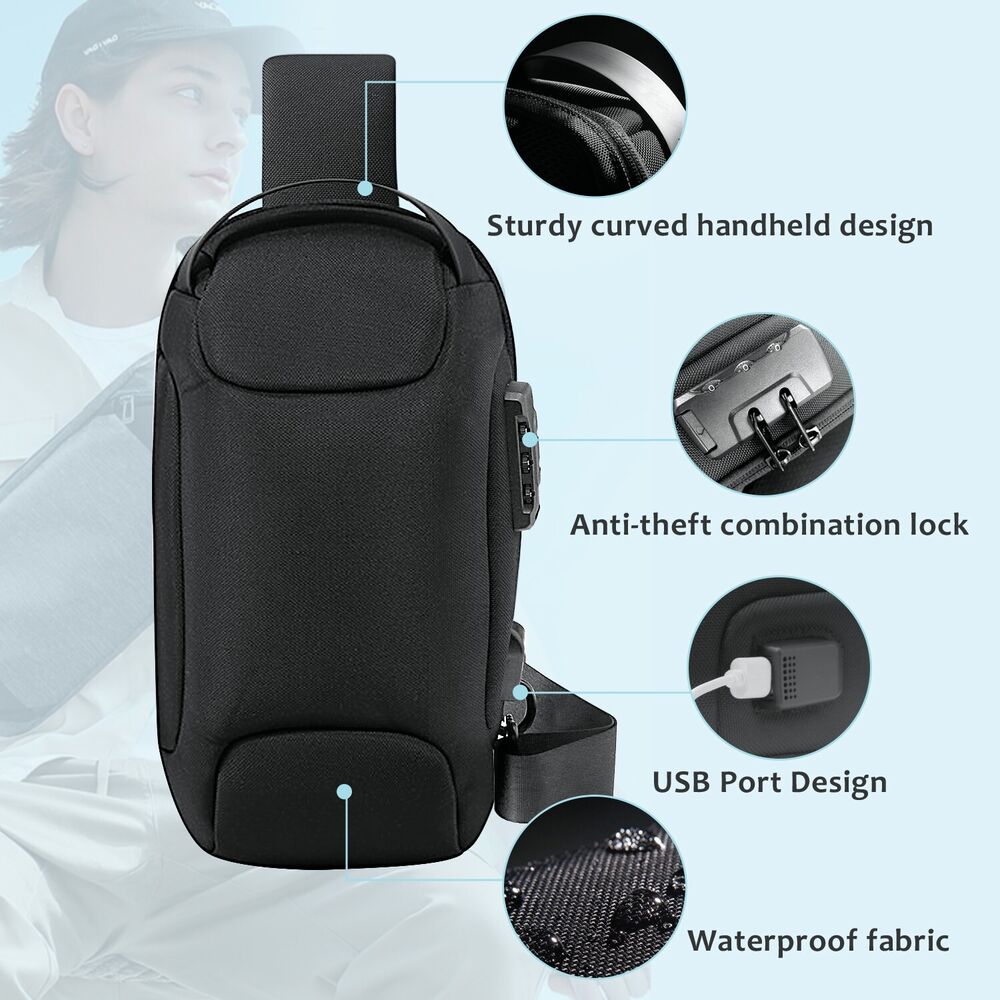 Men's Sling Bag Chest Shoulder Backpack Fanny Pack Crossbody Bag w/ USB Charging