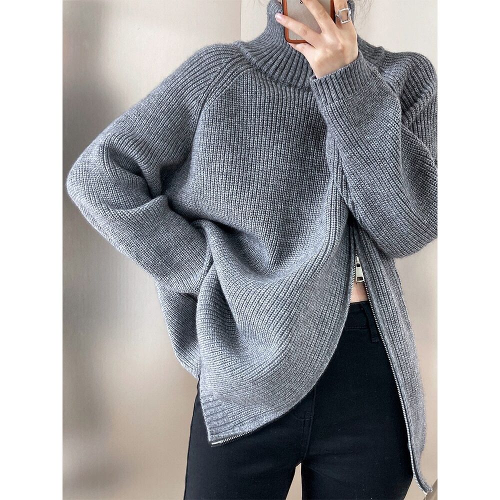Women's Turtleneck Zipper Sweater Gray White Black High Neck Jumper