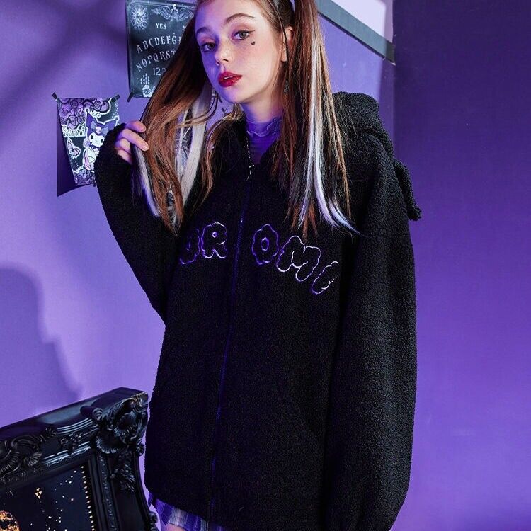 Girl KUROMI Devil Black Fleece Hooded Sweatshirt Zipper Jacket Causual Coat Tops