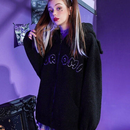 Girl KUROMI Devil Black Fleece Hooded Sweatshirt Zipper Jacket Causual Coat Tops