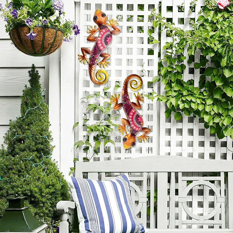 Wall Decoration 2Pcs Metal Gecko Lizard Sculptures Garden Yard Patio Art Statues