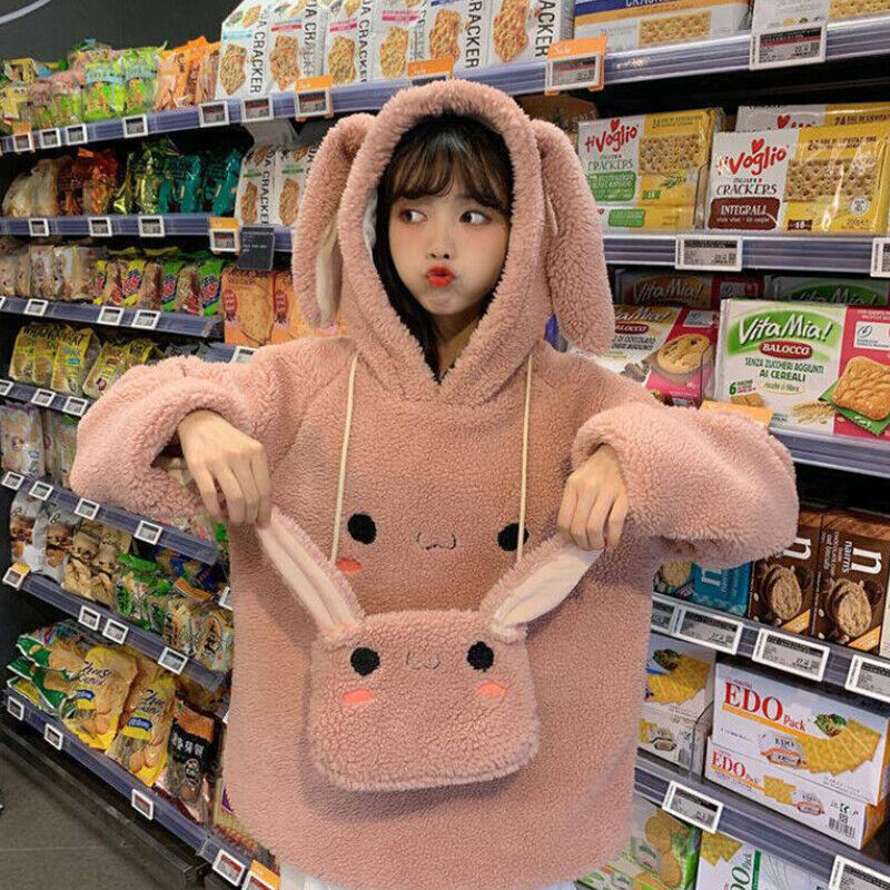 Women Girl Japanese Kawaii Hoodie +Bag Thicken Sherpa Sweatshirt Jumper Harajuku