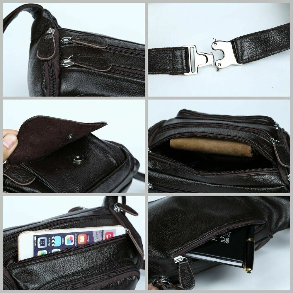 Coffee Men Real Cow Leather Small Belt Bum Bag Waist Fanny Pack Sport Backpack