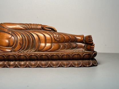Vintage Chinese Boxwood Carving Reclining Buddha Statue Wooden Sculpture Artwork