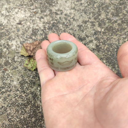Chinese Hotan Hetian Jade Carving Sculpture Collector Thumb Ring Jewelry 招财进宝