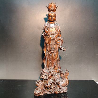 Buddhism Carved Sharks kwan yin Guan Statue Wooden Quan Bodhisattva Praying Rare