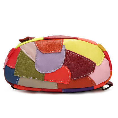 Sheepskin Leather Women's Colorful Blocks Patchwork Backpack Travel Bag Rucksack