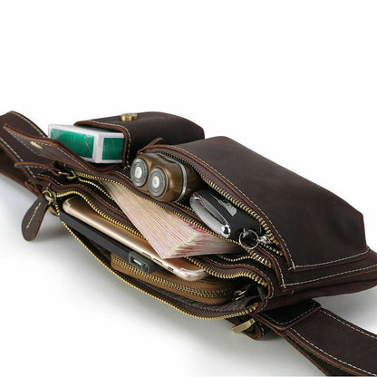 Mens Top Grain Leather Bum Waist Belt Bag Fanny Pack Sports Travel Running Pouch