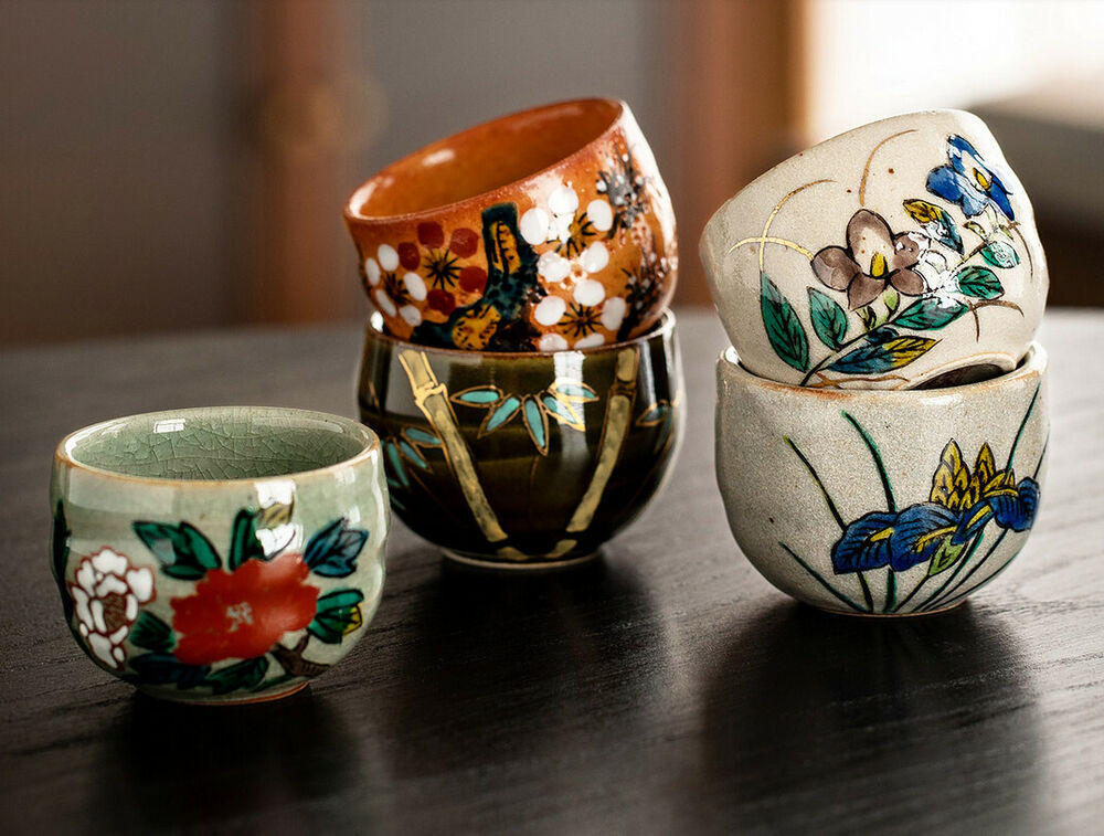 5pcs of one set Japan Herbs master tea cup flower Kutani ware ceramic tea cup