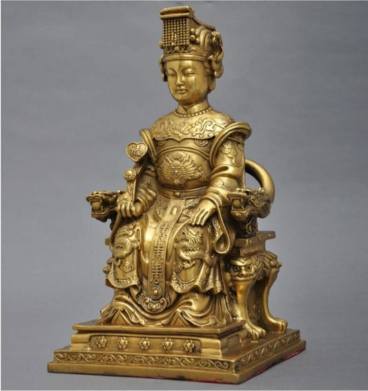 31cm,BRASS MAZU Statue Carved,CHINA Taoism God Matsu Sit FOLK Goddess Sea 妈祖雕像