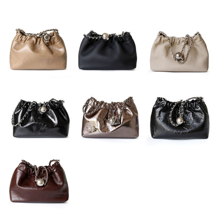 Small Mini Ruched Real Leather Clutch Pouch Purse Shoulder Bag w/ Chain Fashion