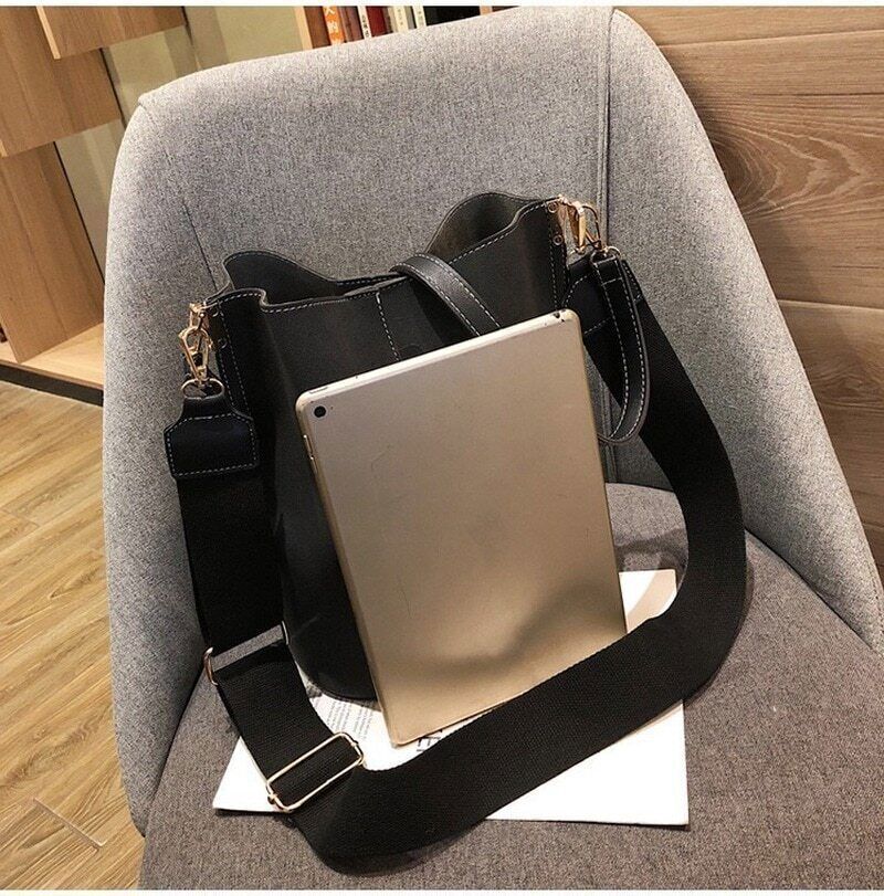 Ladies Bucket PU Shoulder Bag Shoulder Broadband Female Handbag