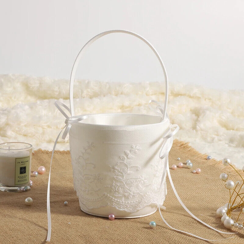 Ring Pillow Basket White Wedding Flower Girls Lace Pearl Event Party Decorations