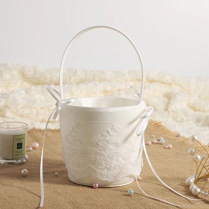 Ring Pillow Basket White Wedding Flower Girls Lace Pearl Event Party Decorations