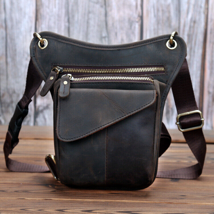 Mens Motorcycle Crazy Horse Leather Drop Leg Bag Tactical Thigh Waist Fanny Pack