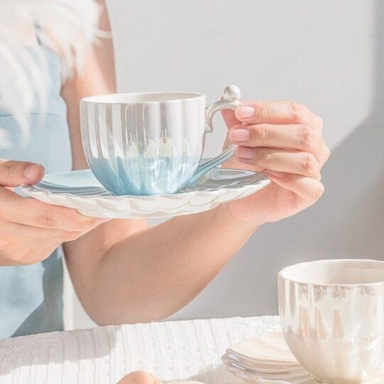 Ceramic Pearl Shell Cup with Dish Bright Coffee Cup for Girl