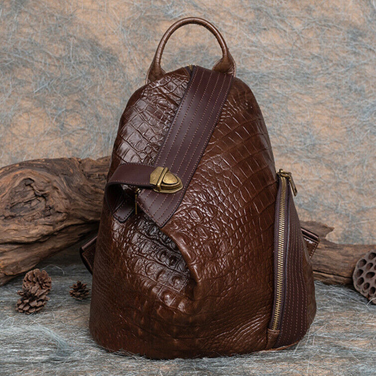 Top Real Leather Women's Backpack, Desinger Crocodile Print Travel Shoulder Bag