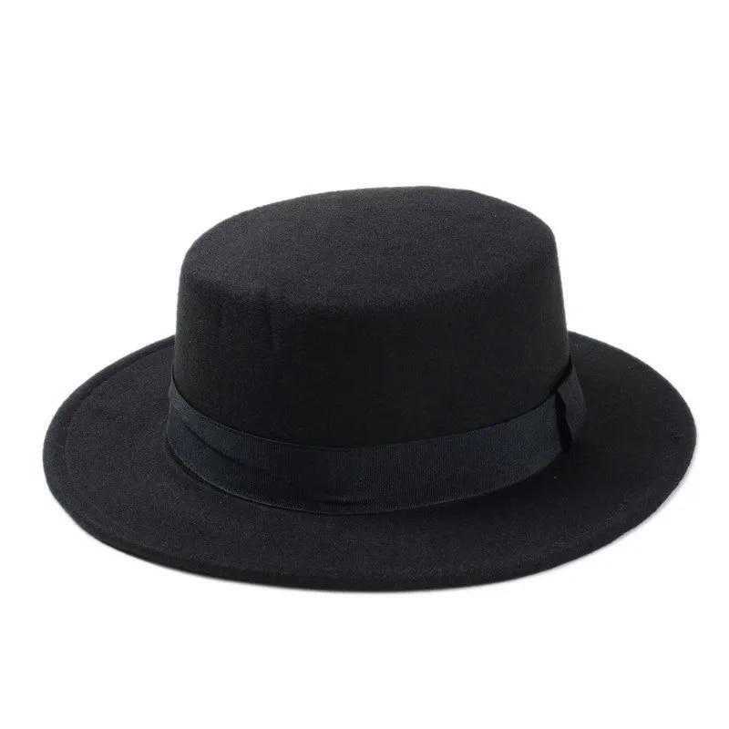 Flat Top Hat Wool Pork Pie Boater Fashion for Men Women Wide Brim Gambler Hat