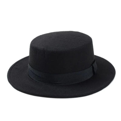 Flat Top Hat Wool Pork Pie Boater Fashion for Men Women Wide Brim Gambler Hat