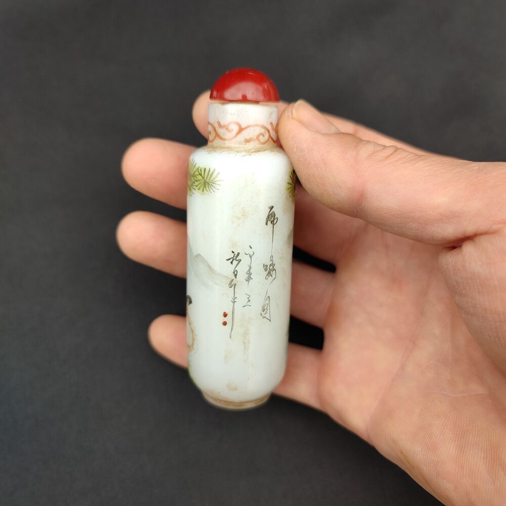 Old Beijing chinese colored glaze Painted tiger Glass Snuff Bottle box painting